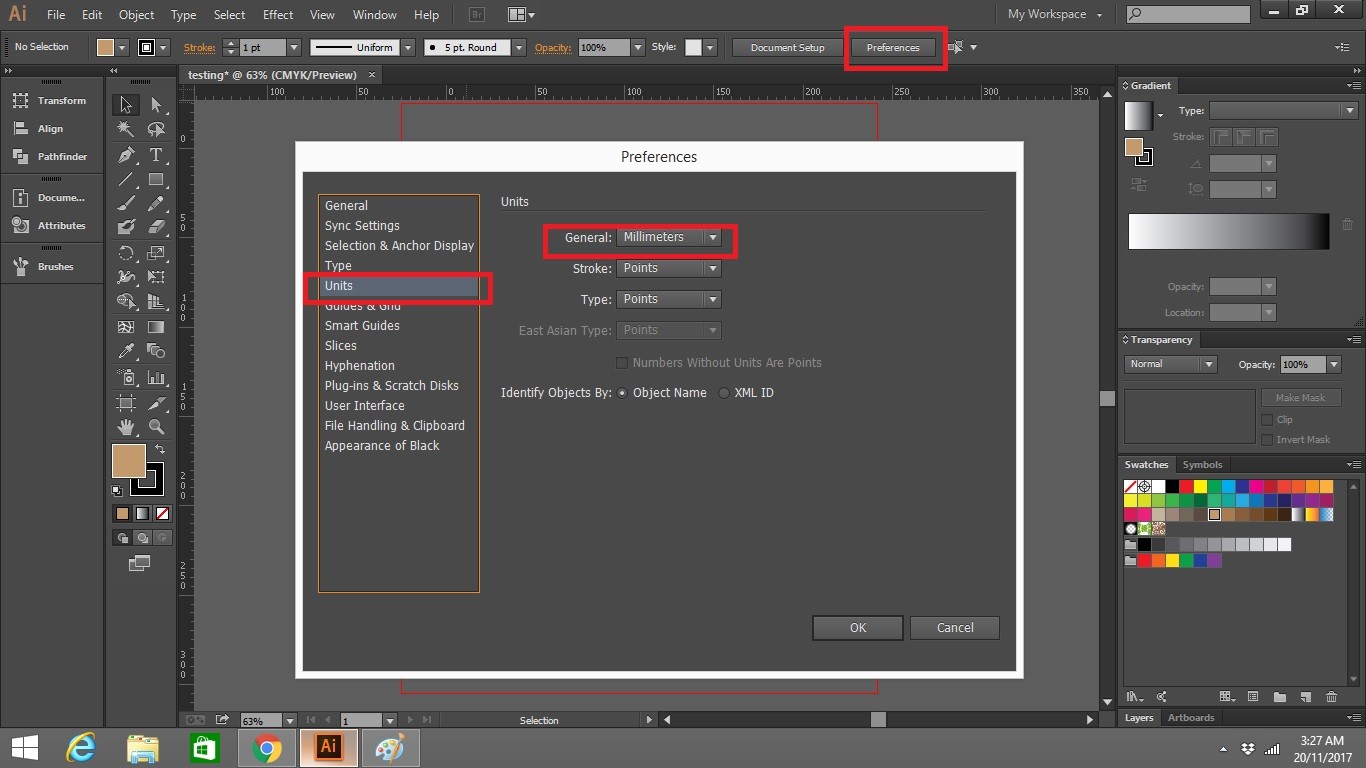 Change the unit Setting at Adobe Illustrator Preferences