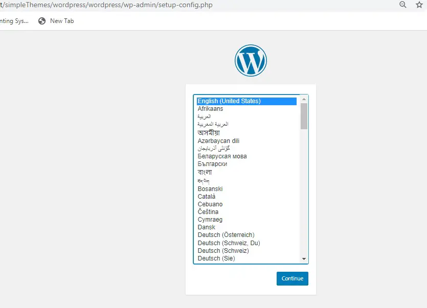 WordPress Installation Page