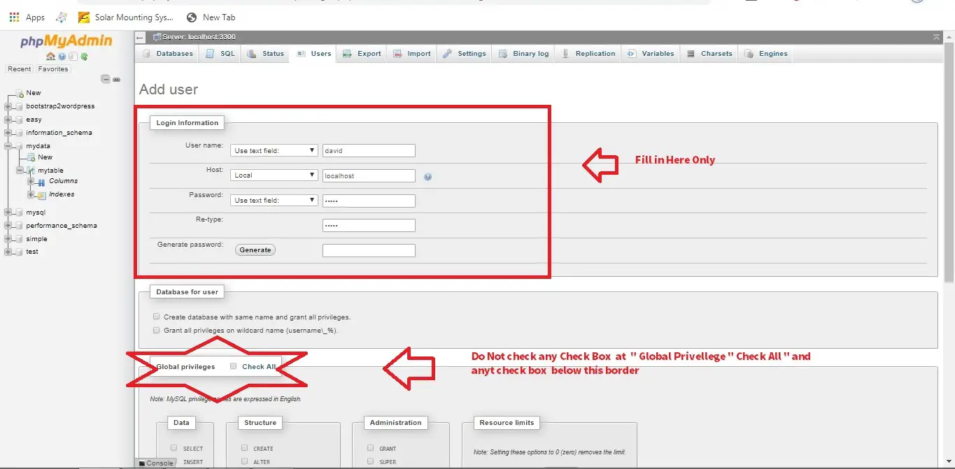 populate new user username and password