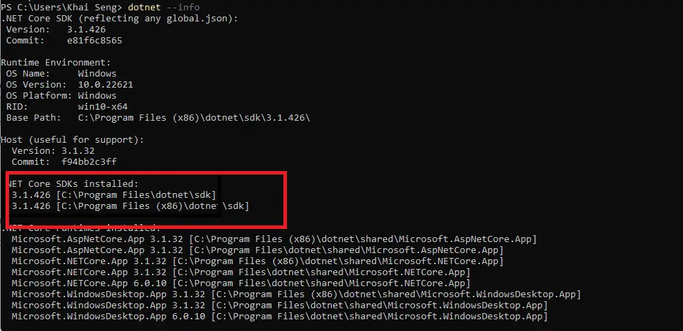 dotnet –info  command output .NET SDKs installed:   No SDKs were found. How to Fix